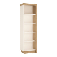 Load image into Gallery viewer, Lyon Bookcase (LH) in Riviera Oak/White High Gloss Furniture To Go 4261965 5900355044023 Bookcase (LH) in Riviera Oak/White High Gloss. Bookcase with plenty of space to display family treasures or your favourite book collection. A high quality collection in a ultra modern design - with each item complementing each other. Dimensions: 1985mm x 600mm x 420mm (Height x Width x Depth) 
 Laminated board (resistant to damage and scratches, moisture and high temperature) 
 Easy self assembly 
 Assembly instructions