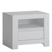 Load image into Gallery viewer, Novi 1 Drawer Bedside Table in Alpine White Furniture To Go 4371420 5900355114450 The Novi Collection is a simple, elegant range with a timeless appeal that will ensure a modern look regardless of any changing trends. The smooth surface of the white fronts has been broken up with millings of the same colour, creating the hallmark of the entire collection. Traditional handles have been replaced by a comfortable, handleless system. Fully extendable drawers, synchronous slides in the table and high quality, ma