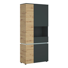 Load image into Gallery viewer, Luci 4 door tall display cabinet RH (including LED lighting) in Platinum and Oak Furniture To Go 4390171 5900355118953 A tall display cabinet with glazing in a geometric shape and a modern combination of Artisan Oak and Gray Cosmos decor is a solution for people looking for a unique and timeless style. The inside of the site has a lot of storage space, as well as a space behind the glass, where you can display interesting accessories and additionally emphasize their charm with optional lighting (sold separa