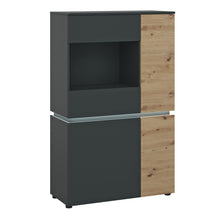 Load image into Gallery viewer, Luci 4 door low display cabinet (including LED lighting) in Platinum and Oak Furniture To Go 4390471 5900355117536 The unusual display cabinet is equipped with as many as 8 recesses , which are perfect for storage. The site can be combined with other elements of the collection, creating an ergonomic space in the living room. The shop window uses a handle-free system , soft-close accessories and tempered glass - the combination of these features contributes to the comfortable and safe use of the furniture. T