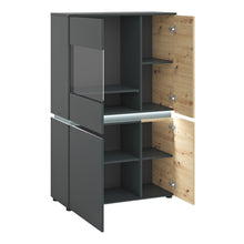 Load image into Gallery viewer, Luci 4 door low display cabinet (including LED lighting) in Platinum and Oak Furniture To Go 4390471 5900355117536 The unusual display cabinet is equipped with as many as 8 recesses , which are perfect for storage. The site can be combined with other elements of the collection, creating an ergonomic space in the living room. The shop window uses a handle-free system , soft-close accessories and tempered glass - the combination of these features contributes to the comfortable and safe use of the furniture. T