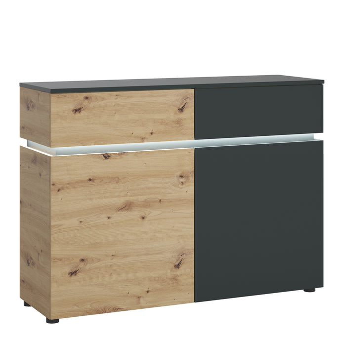 Luci 2 door 2 drawer cabinet (including LED lighting) in Platinum and Oak Furniture To Go 4390771 5900355117574 A modern chest of drawers is a combination of fashionable, contrasting design, a geometric form concealing two fully extendable drawers inside - you can easily pull out the drawer to the very end and without the slightest effort you can see all its contents, as well as shelves behind closed fronts. The handle-free system , accessories with soft-close closers are other delightful details of the che