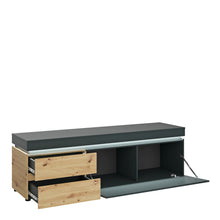 Load image into Gallery viewer, Luci 1 door 2 drawer 180 cm wide TV unit (including LED lighting) in Platinum and Oak Furniture To Go 4390871 5900355117581 The RTV chest of drawers from the Luci collection has two spacious drawers with full extension inside and two recesses behind the flap, which allow you to keep the living room tidy. A 180 cm long table top will allow you to display your favorite RTV equipment. The contrasting combination of the Gray Cosmos decor with the Artisan Oak decor adds a touch of life and freshness to the inter