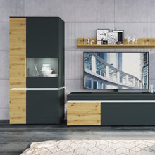 Load image into Gallery viewer, Luci 1 door 2 drawer 180 cm wide TV unit (including LED lighting) in Platinum and Oak Furniture To Go 4390871 5900355117581 The RTV chest of drawers from the Luci collection has two spacious drawers with full extension inside and two recesses behind the flap, which allow you to keep the living room tidy. A 180 cm long table top will allow you to display your favorite RTV equipment. The contrasting combination of the Gray Cosmos decor with the Artisan Oak decor adds a touch of life and freshness to the inter