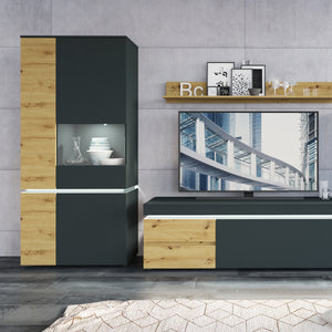 Luci 1 door 2 drawer 180 cm wide TV unit (including LED lighting) in Platinum and Oak Furniture To Go 4390871 5900355117581 The RTV chest of drawers from the Luci collection has two spacious drawers with full extension inside and two recesses behind the flap, which allow you to keep the living room tidy. A 180 cm long table top will allow you to display your favorite RTV equipment. The contrasting combination of the Gray Cosmos decor with the Artisan Oak decor adds a touch of life and freshness to the inter