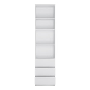 Fribo Tall narrow 3 drawer bookcase in White Furniture To Go 4400201 5900355132393 A high bookcase for the living room is a simple block that can be combined with other elements of the collection, creating an ergonomic space in the room. The white bookcase will be perfect for displaying your favorite book titles and interesting accessories. The drawers have a ball mechanism with full extension, thanks to which you can pull out the drawer to the very end and see all its contents without the slightest effort.