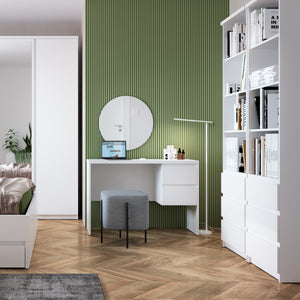 Fribo Tall narrow 3 drawer bookcase in White Furniture To Go 4400201 5900355132393 A high bookcase for the living room is a simple block that can be combined with other elements of the collection, creating an ergonomic space in the room. The white bookcase will be perfect for displaying your favorite book titles and interesting accessories. The drawers have a ball mechanism with full extension, thanks to which you can pull out the drawer to the very end and see all its contents without the slightest effort.