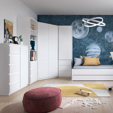 Load image into Gallery viewer, Fribo Tall narrow 3 drawer bookcase in White Furniture To Go 4400201 5900355132393 A high bookcase for the living room is a simple block that can be combined with other elements of the collection, creating an ergonomic space in the room. The white bookcase will be perfect for displaying your favorite book titles and interesting accessories. The drawers have a ball mechanism with full extension, thanks to which you can pull out the drawer to the very end and see all its contents without the slightest effort.