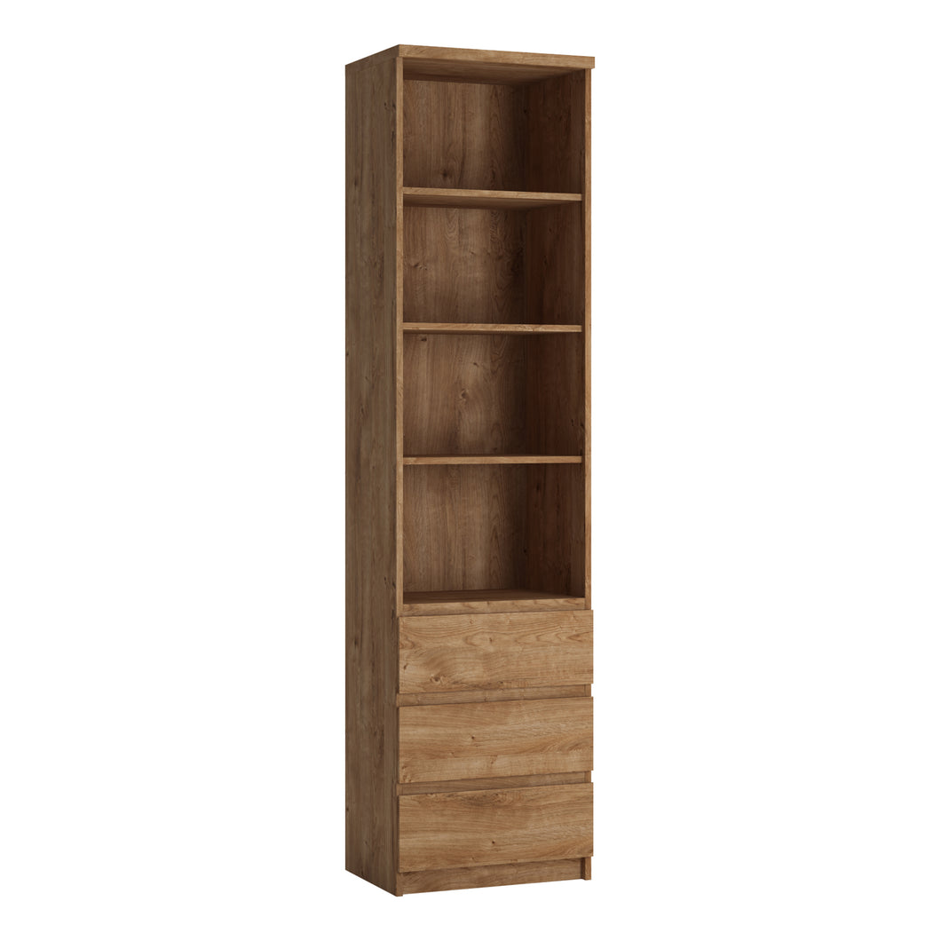 Fribo Tall narrow 3 drawer bookcase in Oak Furniture To Go 4410273 5900355132553 A high bookcase for the living room is a simple block that can be combined with other elements of the collection, creating an ergonomic space in the room. The white bookcase will be perfect for displaying your favorite book titles and interesting accessories. The drawers have a ball mechanism with full extension, thanks to which you can pull out the drawer to the very end and see all its contents without the slightest effort. T