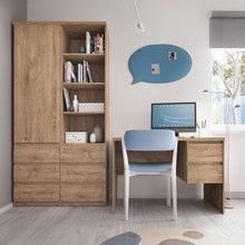 Load image into Gallery viewer, Fribo Tall narrow 3 drawer bookcase in Oak Furniture To Go 4410273 5900355132553 A high bookcase for the living room is a simple block that can be combined with other elements of the collection, creating an ergonomic space in the room. The white bookcase will be perfect for displaying your favorite book titles and interesting accessories. The drawers have a ball mechanism with full extension, thanks to which you can pull out the drawer to the very end and see all its contents without the slightest effort. T