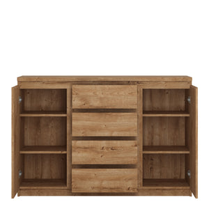 Fribo 2 door 4 drawer sideboard in Oak Furniture To Go 4410773 5900355132515 Another offer of a chest of drawers from the Fribo collection, inside you can find four drawers equipped with a full extension system and shelves in a closed space. The white chest of drawers with a geometric shape will work well in interiors decorated in a minimalist or modern style, thanks to its simple form it can be combined with other elements of the Fribo collection. The chest of drawers is equipped with an ergonomic handle-f