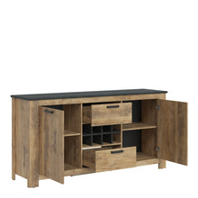 Load image into Gallery viewer, Rapallo 2 door 2 drawer sideboard with wine rack in Chestnut and Matera Grey Furniture To Go 4420542 5900355131747 This collection is rustic yet modern, finished with old-style wooden fronts and matera grey top and handles. Mix and match pieces from this collection to create a truly stunning interior and create the perfect setting within your home. Dimensions: 897mm x 1762mm x 460mm (Height x Width x Depth) 
 Melamine chipboard 
 Handle: Metal black matt 
 Runners: Ball - full extension 
 Feet: Plastic 
 Hi