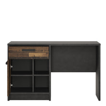 Load image into Gallery viewer, Brooklyn Desk with 1 Door and 1 Drawer in Walnut and Dark Matera Grey Furniture To Go 4430174 5900355114290 An eccentric design that has an industrial feel to it. This desk has been crafted from highly durable melamine, with its wide top, 4 shelves and drawer this is perfect for the office or bedroom. The Brooklyn collection is made with laminated chipboard which is resistant to scratches, damage, moisture and high temperatures. Dimensions: 740mm x 1200mm x 520mm (Height x Width x Depth) 
 Laminated board (