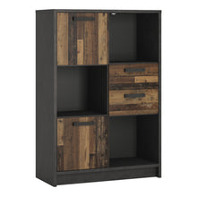 Load image into Gallery viewer, Brooklyn Low Bookcase with 2 Doors and 2 Drawers in Walnut and Dark Matera Grey Furniture To Go 4430574 5900355114313 An eccentric design that has an industrial feel to it. This low bookcase has 3 doors and 2 drawers, perfect for storing your most prizes possesions. The Brooklyn collection is made with laminated chipboard which is resistant to scratches, damage, moisture and high temperatures. Dimensions: 1287mm x 870mm x 420mm (Height x Width x Depth) 
 Laminated board (resistant to moisture and damage) 
 