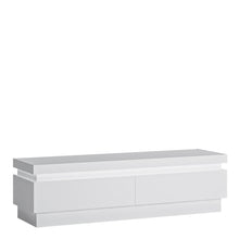 Load image into Gallery viewer, Lyon 2 drawer TV cabinet (including LED lighting) in White and High Gloss Furniture To Go 4440122 5900355143351 Generous 146cm wide TV cabinet, wide enough for the latest TV&#39;s. Plenty of storage in the easy gliding drawers. Includes a concealed lighting arrangement. The designers of this range have combined several rectangular shapes and produced a modern collection in 3 different colourways, Riviera light oak and white high gloss fronts, contrasting greys and white and gloss white. Dimensions: 417mm x 1461