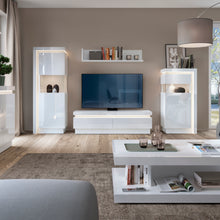 Load image into Gallery viewer, Lyon 2 drawer TV cabinet (including LED lighting) in White and High Gloss Furniture To Go 4440122 5900355143351 Generous 146cm wide TV cabinet, wide enough for the latest TV&#39;s. Plenty of storage in the easy gliding drawers. Includes a concealed lighting arrangement. The designers of this range have combined several rectangular shapes and produced a modern collection in 3 different colourways, Riviera light oak and white high gloss fronts, contrasting greys and white and gloss white. Dimensions: 417mm x 1461