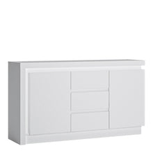 Load image into Gallery viewer, Lyon 2 Door 3 Drawer Sideboard (including LED lighting) in White and High Gloss Furniture To Go 4440322 5900355143375 Lots of hidden storage space in this modern sideboard with 3 drawers and 2 cupboards with adjustable shelving. Includes a concealed lighting arrangement. The designers of this range have combined several rectangular shapes and produced a modern collection in 3 different colourways, Riviera light oak and white high gloss fronts, contrasting greys and white and gloss white. Dimensions: 891mm x