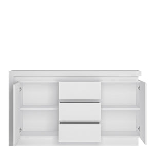 Lyon 2 Door 3 Drawer Sideboard (including LED lighting) in White and High Gloss Furniture To Go 4440322 5900355143375 Lots of hidden storage space in this modern sideboard with 3 drawers and 2 cupboards with adjustable shelving. Includes a concealed lighting arrangement. The designers of this range have combined several rectangular shapes and produced a modern collection in 3 different colourways, Riviera light oak and white high gloss fronts, contrasting greys and white and gloss white. Dimensions: 891mm x