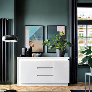 Lyon 2 Door 3 Drawer Sideboard (including LED lighting) in White and High Gloss Furniture To Go 4440322 5900355143375 Lots of hidden storage space in this modern sideboard with 3 drawers and 2 cupboards with adjustable shelving. Includes a concealed lighting arrangement. The designers of this range have combined several rectangular shapes and produced a modern collection in 3 different colourways, Riviera light oak and white high gloss fronts, contrasting greys and white and gloss white. Dimensions: 891mm x