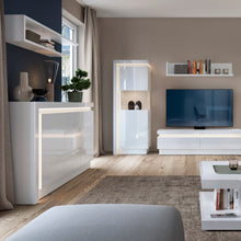 Load image into Gallery viewer, Lyon 2 Door 3 Drawer Sideboard (including LED lighting) in White and High Gloss Furniture To Go 4440322 5900355143375 Lots of hidden storage space in this modern sideboard with 3 drawers and 2 cupboards with adjustable shelving. Includes a concealed lighting arrangement. The designers of this range have combined several rectangular shapes and produced a modern collection in 3 different colourways, Riviera light oak and white high gloss fronts, contrasting greys and white and gloss white. Dimensions: 891mm x