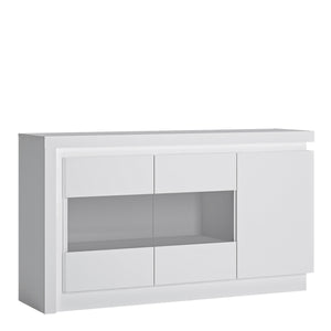 Lyon 3 door glazed sideboard (including LED lighting) in White and High Gloss Furniture To Go 4440422 5900355143382 This could be the signature piece in your living or dining area. Perfect for showcasing your most prized photographs or ornaments. Plenty of space is included behind the 3 doors. Includes a concealed lighting arrangement. The designers of this range have combined several rectangular shapes and produced a modern collection in 3 different colourways, Riviera light oak and white high gloss fronts