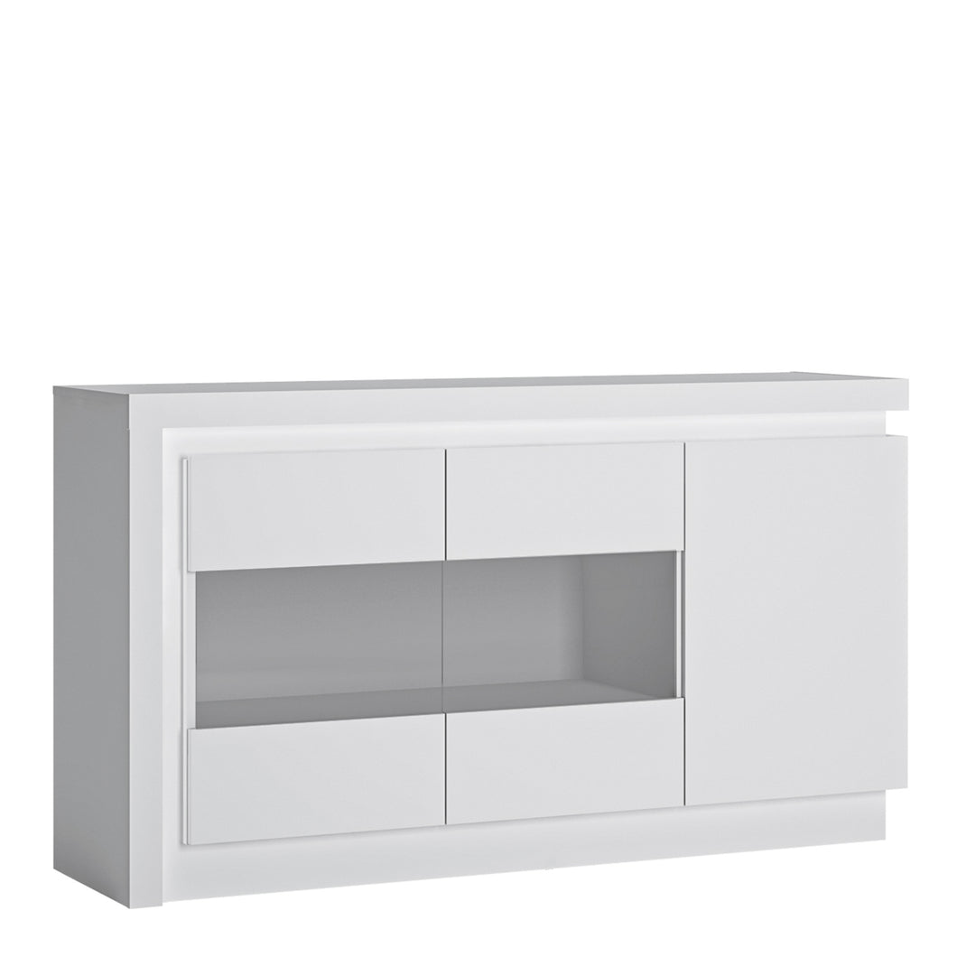 Lyon 3 door glazed sideboard (including LED lighting) in White and High Gloss Furniture To Go 4440422 5900355143382 This could be the signature piece in your living or dining area. Perfect for showcasing your most prized photographs or ornaments. Plenty of space is included behind the 3 doors. Includes a concealed lighting arrangement. The designers of this range have combined several rectangular shapes and produced a modern collection in 3 different colourways, Riviera light oak and white high gloss fronts