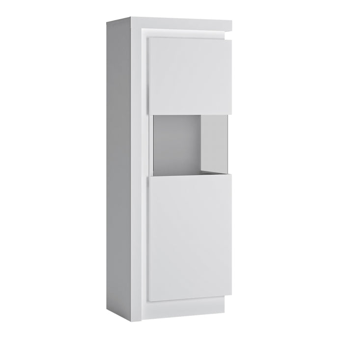 Lyon Narrow display cabinet (RHD) 164.1cm high (including LED lighting) in White and High Gloss Furniture To Go 4441122 5900355143405 Narrow display cabinet (RHD) 164.1cm high (including LED lighting) in White and Gloss White. This beautifully designed narrow display cabinet (right hand door opening) has a clear glass centre to display your family treasures and is inclusive of a concealed lighting fixture. A must have for the dining or living room. Dimensions: 1641mm x 598mm x 420mm (Height x Width x Depth)