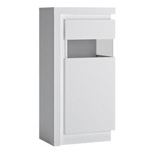 Load image into Gallery viewer, Lyon Narrow display cabinet (RHD) 123.6cm high (including LED lighting) in White and High Gloss Furniture To Go 4441322 5900355143429 Narrow display cabinet (RHD) 123.6cm high (including LED lighting) in White and Gloss White. This beautifully designed display cabinet (right hand door opening) has a clear glass centre to display your family treasures. A must have for the dining or living room and is perfect for smaller spaces. Dimensions: 1236mm x 598mm x 420mm (Height x Width x Depth) 
 Laminated board (re