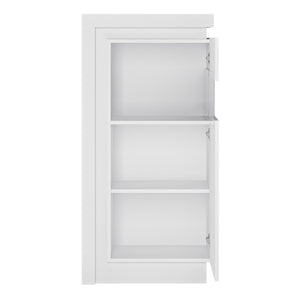 Lyon Narrow display cabinet (RHD) 123.6cm high (including LED lighting) in White and High Gloss Furniture To Go 4441322 5900355143429 Narrow display cabinet (RHD) 123.6cm high (including LED lighting) in White and Gloss White. This beautifully designed display cabinet (right hand door opening) has a clear glass centre to display your family treasures. A must have for the dining or living room and is perfect for smaller spaces. Dimensions: 1236mm x 598mm x 420mm (Height x Width x Depth) 
 Laminated board (re