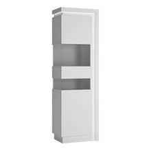 Load image into Gallery viewer, Lyon Tall Narrow display cabinet (LHD) (including LED lighting) in White and High Gloss Furniture To Go 4441422 5900355143436 Tall Narrow display cabinet (LHD) 198cm high (including LED lighting) in White and Gloss White. This beautifully designed display cabinet (left hand door opening) has a clear glass centre to display your family treasures and is inclusive of a concealed lighting fixture. A must have for the dining or living room. Dimensions: 1981mm x 598mm x 420mm (Height x Width x Depth) 
 Laminated 