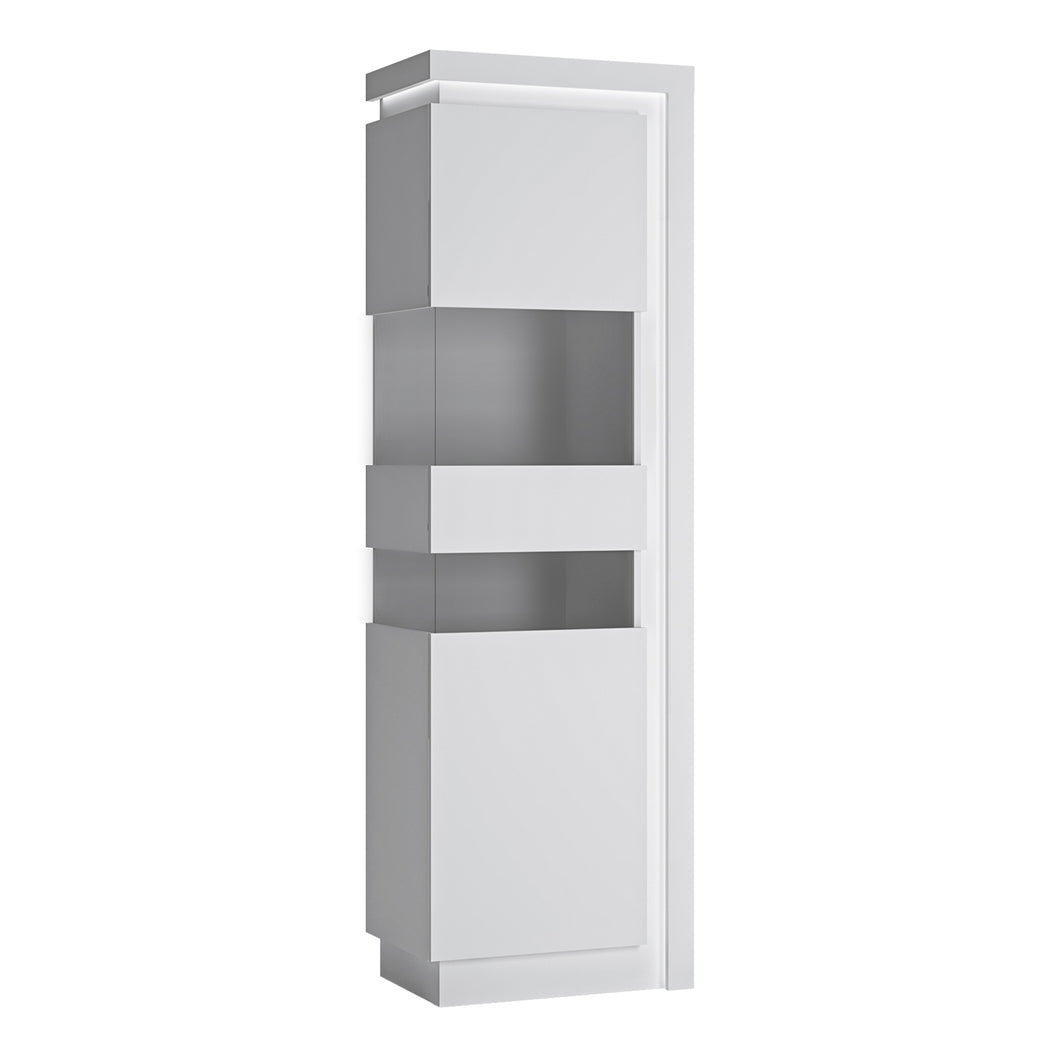 Lyon Tall Narrow display cabinet (LHD) (including LED lighting) in White and High Gloss Furniture To Go 4441422 5900355143436 Tall Narrow display cabinet (LHD) 198cm high (including LED lighting) in White and Gloss White. This beautifully designed display cabinet (left hand door opening) has a clear glass centre to display your family treasures and is inclusive of a concealed lighting fixture. A must have for the dining or living room. Dimensions: 1981mm x 598mm x 420mm (Height x Width x Depth) 
 Laminated 