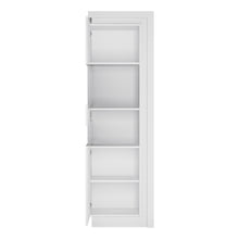 Load image into Gallery viewer, Lyon Tall Narrow display cabinet (LHD) (including LED lighting) in White and High Gloss Furniture To Go 4441422 5900355143436 Tall Narrow display cabinet (LHD) 198cm high (including LED lighting) in White and Gloss White. This beautifully designed display cabinet (left hand door opening) has a clear glass centre to display your family treasures and is inclusive of a concealed lighting fixture. A must have for the dining or living room. Dimensions: 1981mm x 598mm x 420mm (Height x Width x Depth) 
 Laminated 