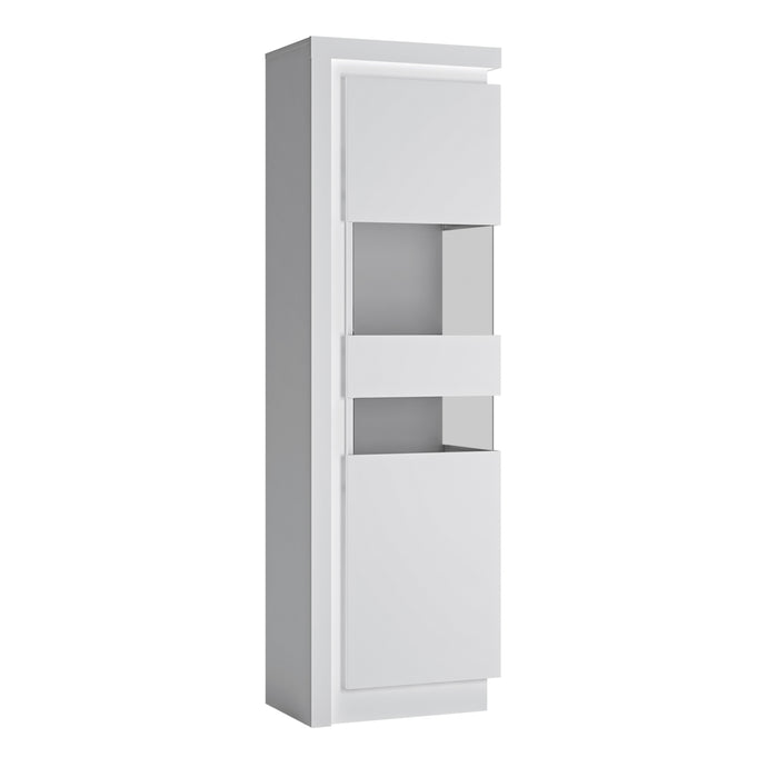 Lyon Tall narrow display cabinet (RHD) (including LED lighting) in White and High Gloss Furniture To Go 4441522 5900355143443 Tall Narrow display cabinet (RHD) 198cm high (including LED lighting) in White and Gloss White. This beautifully designed display cabinet (right hand door opening) has a clear glass centre to display your family treasures and is inclusive of a concealed lighting fixture. A must have for the dining or living room. Dimensions: 1981mm x 598mm x 420mm (Height x Width x Depth) 
 Laminated