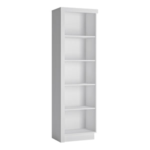 Lyon Bookcase (RH) in White and High Gloss Furniture To Go 4441822 5900355143535 This bookcase has plenty of space to display family treasures or your favourite book collection. Right hand orientation. The designers of this range have combined several rectangular shapes and produced a modern collection in 3 different colourways, Riviera light oak and white high gloss fronts, contrasting greys and white and gloss white. Dimensions: 1985mm x 600mm x 420mm (Height x Width x Depth) 
 Laminated board (resistant 