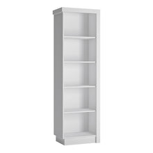Load image into Gallery viewer, Lyon Bookcase (LH) in White and High Gloss Furniture To Go 4441922 5900355143528 This bookcase has plenty of space to display family treasures or your favourite book collection. Left hand orientation. The designers of this range have combined several rectangular shapes and produced a modern collection in 3 different colourways, Riviera light oak and white high gloss fronts, contrasting greys and white and gloss white. Dimensions: 1985mm x 600mm x 420mm (Height x Width x Depth) 
 Laminated board (resistant t