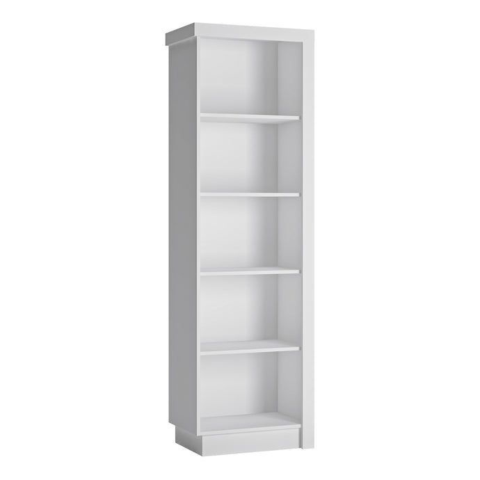 Lyon Bookcase (LH) in White and High Gloss Furniture To Go 4441922 5900355143528 This bookcase has plenty of space to display family treasures or your favourite book collection. Left hand orientation. The designers of this range have combined several rectangular shapes and produced a modern collection in 3 different colourways, Riviera light oak and white high gloss fronts, contrasting greys and white and gloss white. Dimensions: 1985mm x 600mm x 420mm (Height x Width x Depth) 
 Laminated board (resistant t