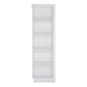 Lyon Bookcase (LH) in White and High Gloss Furniture To Go 4441922 5900355143528 This bookcase has plenty of space to display family treasures or your favourite book collection. Left hand orientation. The designers of this range have combined several rectangular shapes and produced a modern collection in 3 different colourways, Riviera light oak and white high gloss fronts, contrasting greys and white and gloss white. Dimensions: 1985mm x 600mm x 420mm (Height x Width x Depth) 
 Laminated board (resistant t