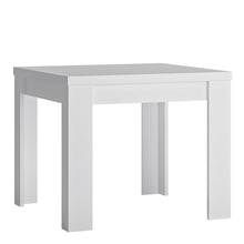 Load image into Gallery viewer, Lyon Small extending Dining Table 90/180 cm in White and High Gloss Furniture To Go 4447522 5900355143580 Small extending dining table 90/180cm in White and Gloss White. This beautifully designed table comes in 3 different sizes. A great edition to any dining room, perfectly matched with other items in the same collection. A beautiful Matt table top with white high gloss sides. Dimensions: 765mm x 900-1800mm x 900mm (Height x Width x Depth) 
 Laminated board (resistant to moisture and damage) 
 Available in