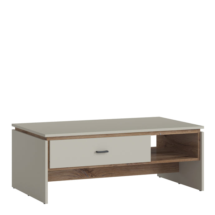 Rivero 1 Drawer Coffee Table in Grey and Oak Furniture To Go 4465480 5900355153787 Sit comfortably in your favorite armchair and rest after a hard day. Will you drink hot tea, fresh fruit juice or coffee to give you energy? Put the cup or glass on a handy, stylish coffee table with a drawer. Reach for the remote control or your favorite book. Thanks to the collection Rivero and the coffee table available as part of it will gain comfort of use and a style that will perfectly match the interior of the living 