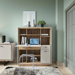 Rivero Bookcase with Fold out Desk in Grey and Oak Furniture To Go 4465880 5900355153756 A piece of furniture that will work great in the living room, but can also be used to create a comfortable place to work at home. The ingenious interior design works especially well in small rooms. If you are looking for multifunctional furniture with compact dimensions and extraordinary utility advantages, the unconventional bookcase from the Rivero series will surely appeal to you. This piece of furniture can be descr