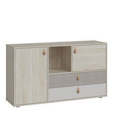 Load image into Gallery viewer, Denim 2 Door 2 Drawer Sideboard in Light Walnut, Grey Fabric Effect and Cashmere in Grey and Walnut Furniture To Go 4476659 5900355153879 Functionality is not always combined with the aesthetic, modern look of the furniture. In the case of the Denim series, practical elements, modern details and timeless simplicity have been perfectly combined, thanks to which furniture for children&#39;s and youth rooms was created, matching many arrangements, colors and styles. A spacious, modern sideboard from the Denim coll