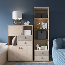 Load image into Gallery viewer, Denim 3 Door 2 Drawer Cabinet in Light Walnut, Grey Fabric Effect and Cashmere in Grey and Walnut Furniture To Go 4476759 5900355153886 The attractive interior design is not only beautiful, carefully selected furniture and accessories. In a child&#39;s room, in addition to skilfully selected style and colors, functionality and the maximum use of the available space are important. Everything you expect from furniture for your child&#39;s room can be found in the Denim collection. A highboard with two drawers, shelve