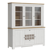 Load image into Gallery viewer, Celesto 2 Door 2 Drawer Sideboard with 3 Door Display Top Unit in White and Oak Furniture To Go 44818542 5060933421971 Introducing our stunning 2 Door 2 Drawer Sideboard with Wine Rack and 3 Door Display Top Unit in White and Oak. With a charming country design, this piece adds a warm and welcoming touch to your home.
Our sideboard is incredibly easy to assemble, making it a hassle-free addition to your furniture collection. The beautiful Larch Sibiu wood grain pattern creates a rustic feel that enhances th