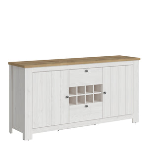 Celesto 2 Door 2 Drawer Sideboard with 3 Door Display Top Unit in White and Oak Furniture To Go 44818542 5060933421971 Introducing our stunning 2 Door 2 Drawer Sideboard with Wine Rack and 3 Door Display Top Unit in White and Oak. With a charming country design, this piece adds a warm and welcoming touch to your home.
Our sideboard is incredibly easy to assemble, making it a hassle-free addition to your furniture collection. The beautiful Larch Sibiu wood grain pattern creates a rustic feel that enhances th