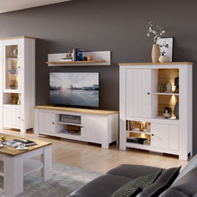 Load image into Gallery viewer, Celesto 2 door wide TV Unit in White and Oak Furniture To Go 4487054 5900355160334 The Celesto range is traditional style at its best. Timeless country chic with a two-tone finish. Perfect for modern or traditional homes. With a contemporary style in mind the Celesto range has been designed to bring a beautiful modern country touch into your home. Two cupboards and generous sized shelving space provide an excellent amount of storage to add to the rustic charm. Dimensions: 583mm x 1890mm x 480mm (Height x Wi