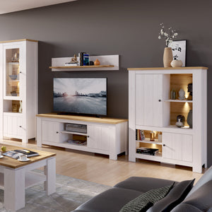 Celesto 2 door wide TV Unit in White and Oak Furniture To Go 4487054 5900355160334 The Celesto range is traditional style at its best. Timeless country chic with a two-tone finish. Perfect for modern or traditional homes. With a contemporary style in mind the Celesto range has been designed to bring a beautiful modern country touch into your home. Two cupboards and generous sized shelving space provide an excellent amount of storage to add to the rustic charm. Dimensions: 583mm x 1890mm x 480mm (Height x Wi