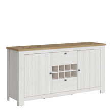 Load image into Gallery viewer, Celesto 2 Door 2 Drawer sideboard with wine rack in White and Oak Furniture To Go 4487354 5900355160303 The Celesto range is traditional style at its best. Timeless country chic with a two-tone finish. Perfect for modern or traditional homes. With a contemporary style in mind the Celesto range has been designed to bring a beautiful modern country touch into your home. The cabinet offers ample storage in a small area with two cupboards alongside the open display/shelf section. Dimensions: 893mm x 1774mm x 46