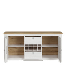 Load image into Gallery viewer, Celesto 2 Door 2 Drawer sideboard with wine rack in White and Oak Furniture To Go 4487354 5900355160303 The Celesto range is traditional style at its best. Timeless country chic with a two-tone finish. Perfect for modern or traditional homes. With a contemporary style in mind the Celesto range has been designed to bring a beautiful modern country touch into your home. The cabinet offers ample storage in a small area with two cupboards alongside the open display/shelf section. Dimensions: 893mm x 1774mm x 46