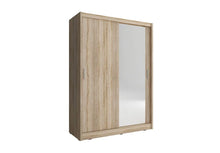 Load image into Gallery viewer, Maja Sliding Door Wardrobe 130cm Arte-N MAJA-130-1M-W Slim, compact but highly functional, this Maja wardrobe has two sliding doors with a choice of either both or one of them being mirrored. Perfect for small houses studio apartments, narrow spaces such as hallways or rooms with limited floor area. This wardrobe is reinforced with ABS edging for scratch-resistance, offers storage space in the form of five compartments one hanging section. W130cm x H200cm x D62cm ABS Edging Hanging Rail Four Shelves Choice 