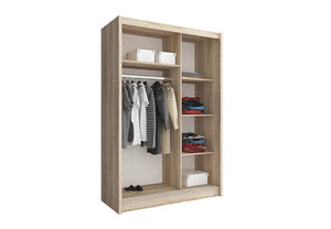 Maja Sliding Door Wardrobe 130cm Arte-N MAJA-130-1M-W Slim, compact but highly functional, this Maja wardrobe has two sliding doors with a choice of either both or one of them being mirrored. Perfect for small houses studio apartments, narrow spaces such as hallways or rooms with limited floor area. This wardrobe is reinforced with ABS edging for scratch-resistance, offers storage space in the form of five compartments one hanging section. W130cm x H200cm x D62cm ABS Edging Hanging Rail Four Shelves Choice 